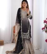 black chinon silk coding dori sequins work palazzo set with dupatta