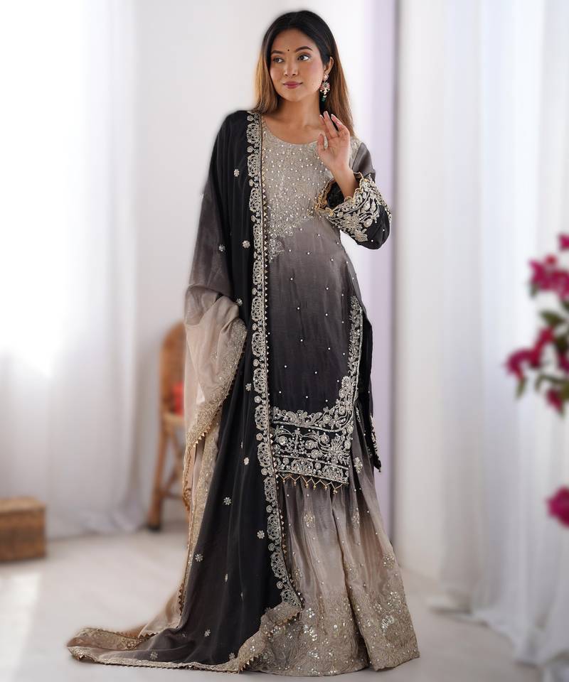 black chinon silk coding dori sequins work palazzo set with dupatta