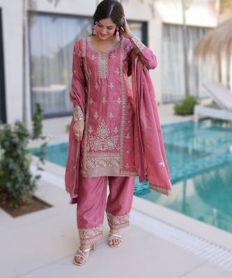 pink readymade ho silk zari & thread embroidered top pant with dupatta set 4