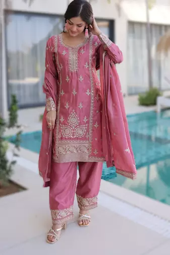 pink readymade ho silk zari & thread embroidered top pant with dupatta set