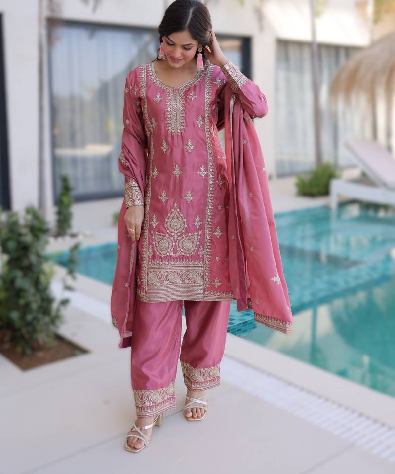 pink readymade ho silk zari & thread embroidered top pant with dupatta set