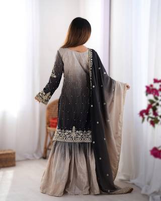black chinon silk coding dori sequins work palazzo set with dupatta 2