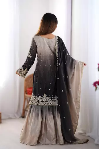 black chinon silk coding dori sequins work palazzo set with dupatta