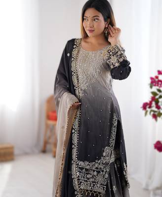 black chinon silk coding dori sequins work palazzo set with dupatta 3