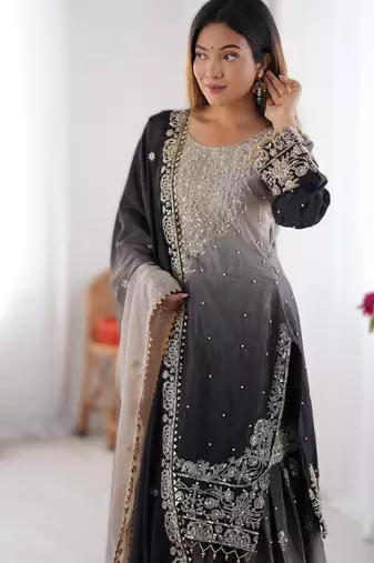 black chinon silk coding dori sequins work palazzo set with dupatta