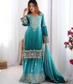 sky blue chinon silk coding dori sequins work palazzo set with dupatta
