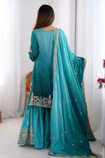 sky blue chinon silk coding dori sequins work palazzo set with dupatta