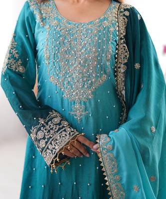 sky blue chinon silk coding dori sequins work palazzo set with dupatta 3