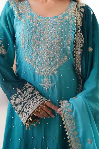 sky blue chinon silk coding dori sequins work palazzo set with dupatta