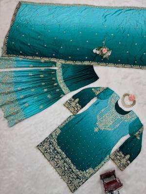 sky blue chinon silk coding dori sequins work palazzo set with dupatta 4