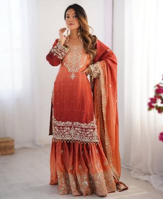 maroon chinon silk coding dori sequins work palazzo set with dupatta 1