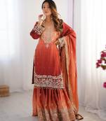 maroon chinon silk coding dori sequins work palazzo set with dupatta