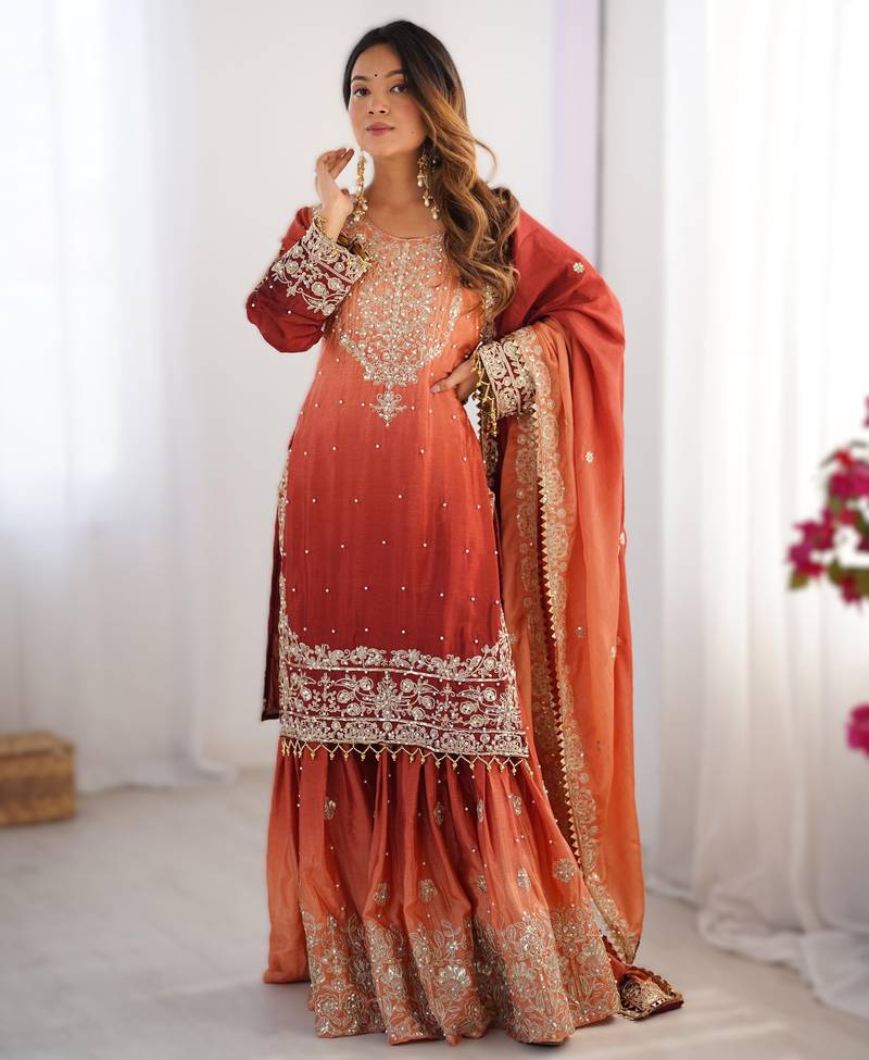 maroon chinon silk coding dori sequins work palazzo set with dupatta