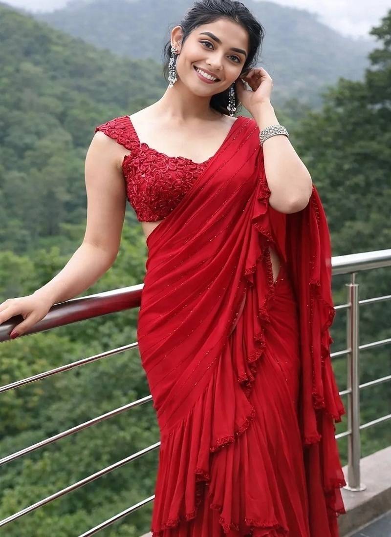 Red Color Beads And Sequins Work Faux Georgette Saree