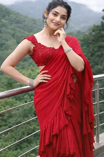 Red Color Beads And Sequins Work Faux Georgette Saree