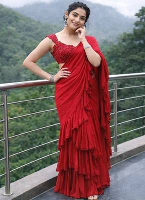 Red Color Beads And Sequins Work Faux Georgette Saree 3