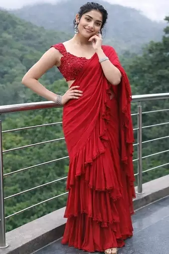 Red Color Beads And Sequins Work Faux Georgette Saree