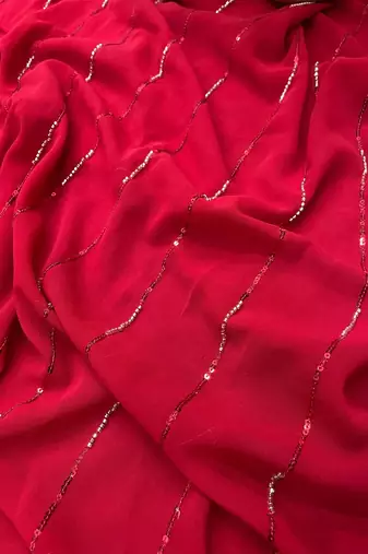 Red Color Beads And Sequins Work Faux Georgette Saree