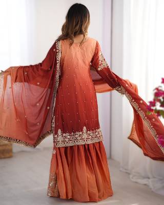maroon chinon silk coding dori sequins work palazzo set with dupatta 2