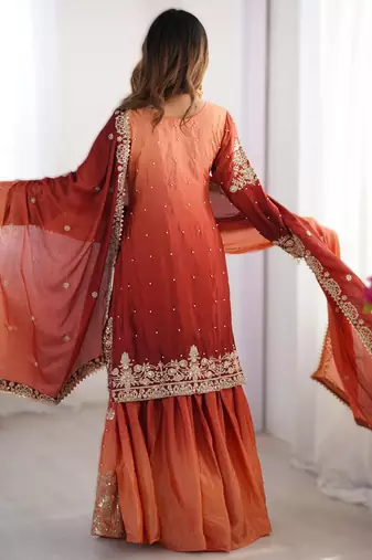 maroon chinon silk coding dori sequins work palazzo set with dupatta