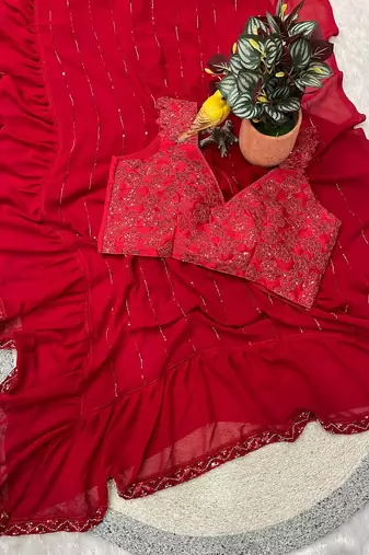 Red Color Beads And Sequins Work Faux Georgette Saree