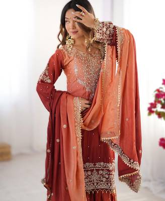 maroon chinon silk coding dori sequins work palazzo set with dupatta 3