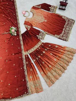 maroon chinon silk coding dori sequins work palazzo set with dupatta 4