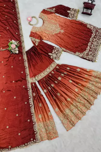 maroon chinon silk coding dori sequins work palazzo set with dupatta