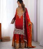 red chinon silk coding dori sequins work palazzo set with dupatta