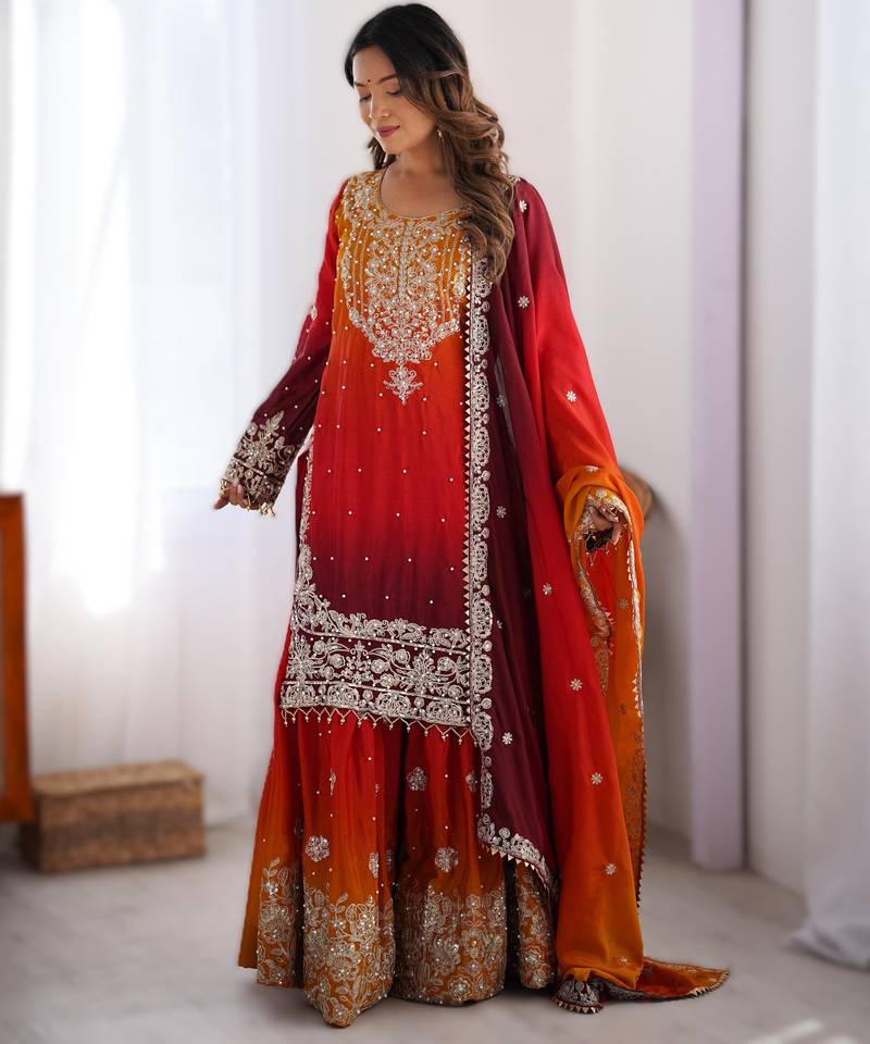 red chinon silk coding dori sequins work palazzo set with dupatta