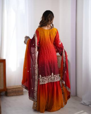 red chinon silk coding dori sequins work palazzo set with dupatta 2
