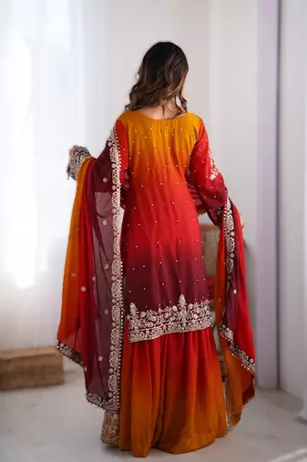 red chinon silk coding dori sequins work palazzo set with dupatta