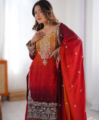 red chinon silk coding dori sequins work palazzo set with dupatta 3
