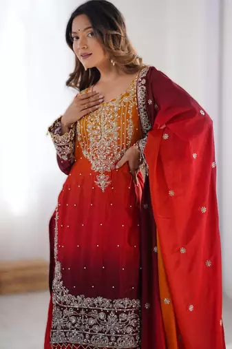 red chinon silk coding dori sequins work palazzo set with dupatta
