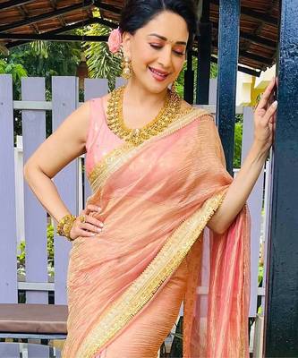 Peach Color Sequance And Dori Embroidery Work Banarsi Crush Twill Saree 1