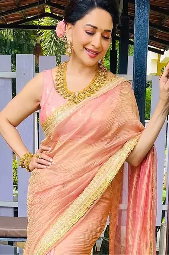 Peach Color Sequance And Dori Embroidery Work Banarsi Crush Twill Saree