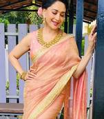 Peach Color Sequance And Dori Embroidery Work Banarsi Crush Twill Saree