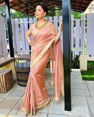 Peach Color Sequance And Dori Embroidery Work Banarsi Crush Twill Saree 2