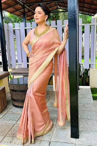 Peach Color Sequance And Dori Embroidery Work Banarsi Crush Twill Saree