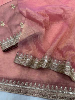 Peach Color Sequance And Dori Embroidery Work Banarsi Crush Twill Saree 3