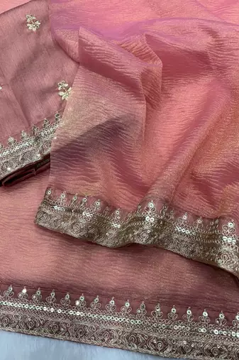 Peach Color Sequance And Dori Embroidery Work Banarsi Crush Twill Saree