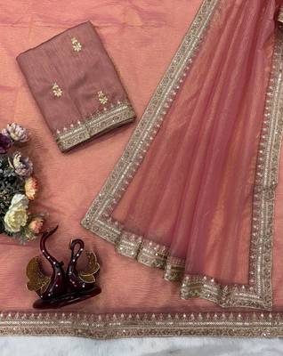 Peach Color Sequance And Dori Embroidery Work Banarsi Crush Twill Saree 4