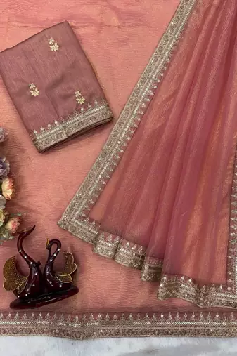 Peach Color Sequance And Dori Embroidery Work Banarsi Crush Twill Saree