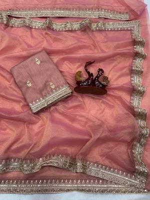 Peach Color Sequance And Dori Embroidery Work Banarsi Crush Twill Saree 5