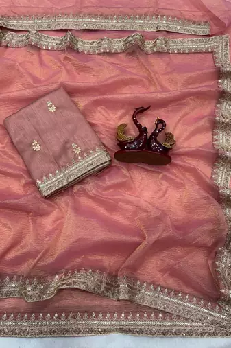 Peach Color Sequance And Dori Embroidery Work Banarsi Crush Twill Saree