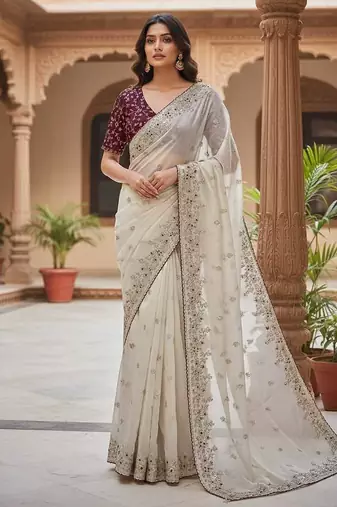 Off White Color Sequence Embroidery Work Organza Satin Silk Blend Saree