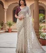 Off White Color Sequence Embroidery Work Organza Satin Silk Blend Saree