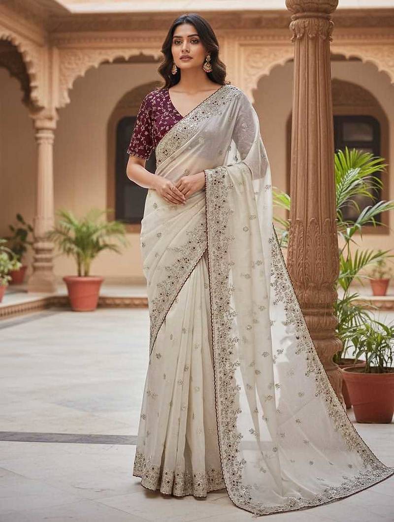 Off White Color Sequence Embroidery Work Organza Satin Silk Blend Saree