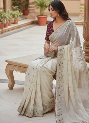 Off White Color Sequence Embroidery Work Organza Satin Silk Blend Saree 2