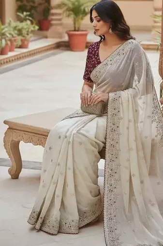 Off White Color Sequence Embroidery Work Organza Satin Silk Blend Saree